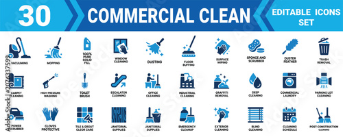 Tableau sur toile Set of 30 professional commercial cleaning service icons for janitorial maintenance and housekeeping Minimal solid icon set bundle collection