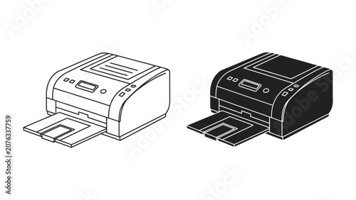 Cuadro en lienzo Printer Silhouette and Line Art: A black silhouette and a line art illustration of a modern office printer, showcasing its design from a side isometric view, ready for print tasks