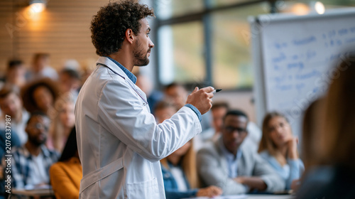 Faceless lecturer in a white coat presenting handwritten notes on a whiteboard to seated students in a bright wood paneled classroom soft daylight medical education lecture