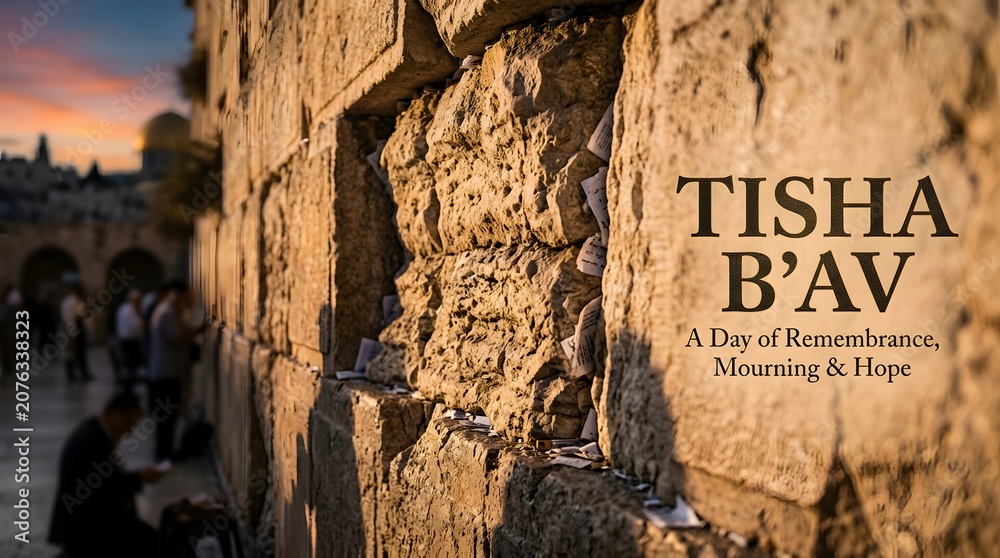 Obraz premium People praying at the western wall in jerusalem during tisha b'av with jerusalem