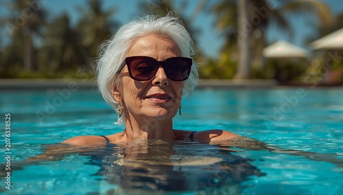 Elegant senior woman with white hair enjoys a refreshing swim in a tropical resort pool
