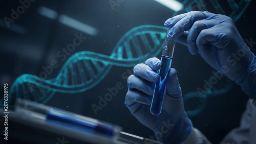 Scientist holding test tube with DNA double helix model in laboratory background
