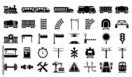 Fotografi Black Train and Railway Transport Silhouette Icon Set with Locomotive Tracks and