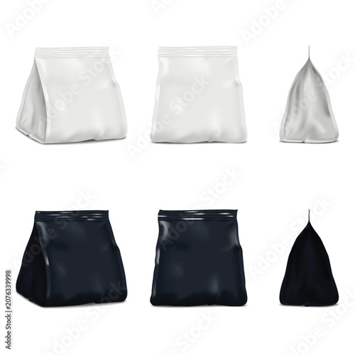 Blank side gusseted bag. Half turned, front, side view. White, black. Realistic vector mockup set. Flexible plastic, foil or paper opaque pouch. Mock-up. Retail food package. Template for design
