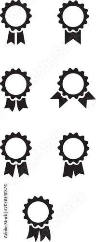 Award badge ribbon medal silhouette icons set. Winner rosette, seal prize, certificate achievement symbol collection. Black filled flat vector.