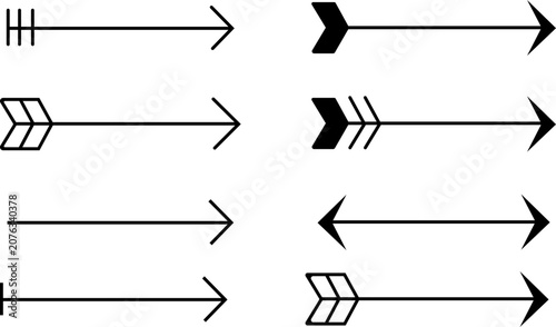 Arrow direction pointer icons set. Horizontal bow, tribal feather tail symbol. Right, left navigation sign collection, black outline flat vector.
