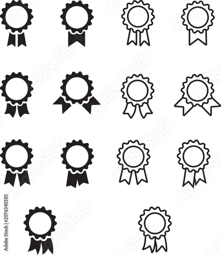 Award badge ribbon medal icons set. Winner certificate, rosette seal achievement symbol collection. Black outline, filled flat vector.