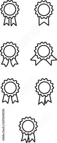 Award badge ribbon medal outline icons set. Winner rosette, seal prize, certificate achievement symbol collection. Black line stroke flat vector.