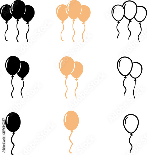 Party balloon celebration icons set. Birthday festive decoration symbol collection. Black, beige, gold outline, filled silhouette flat vector.