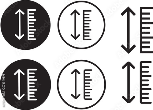 Height measurement ruler scale icons set. Vertical arrow, gauge, meter symbol. Size indicator tool collection, black, white circle badge vector.