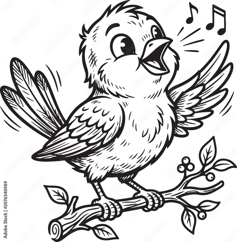 Fototapeta premium Little songbird singing on a berry branch with musical notes