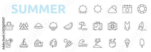 Summer icon set outline style with sun, sunshine, holiday, swim ring, beach, vacation, travel, swimsuit, surfboard icons