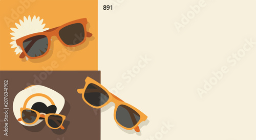 Quadro su tela This flat lay vector illustration features three pairs of orange sunglasses and two white sun hats arranged on a geometric tricolor background
