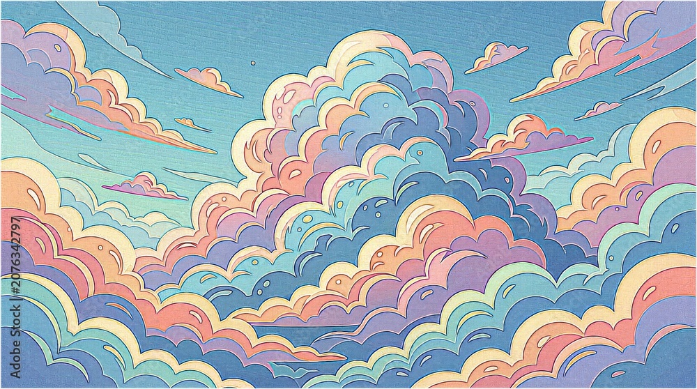 Obraz premium Pastel clouds drift in soft, layered waves. Blue, pink, and purple hues blend in dreamy gradients. Sky feels gentle, calm, and inviting. Perfect for backgrounds or mood boards