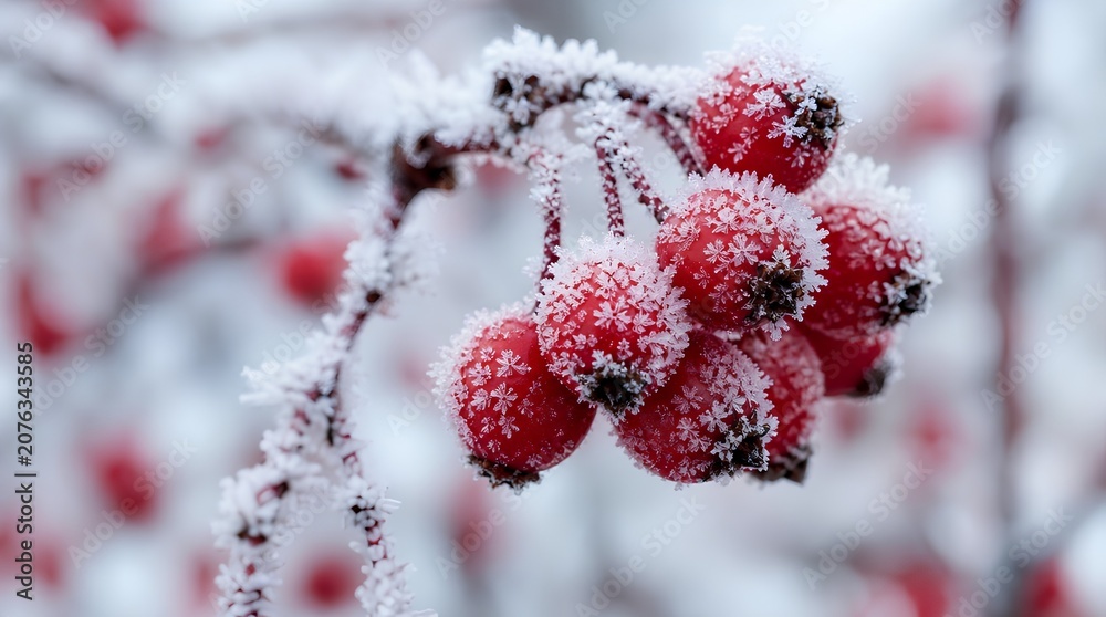 Fototapeta premium Bright red berries dusted with snowflake-shaped frost crystals clinging to a slender winter branch, with more frosted berries softly blurred in the background for holiday or cold-season themes.