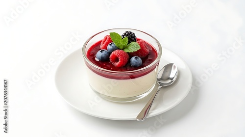 Elegant panna cotta dessert with berry compote and fresh fruit garnish