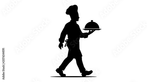 Waiter walks while carrying tray with covered dish in restaurant