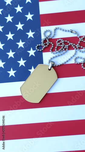 A dog tag on the US flag, serving as a conceptual backdrop representing defense and preparation against attack. A dog tag on the US flag as a background for your design