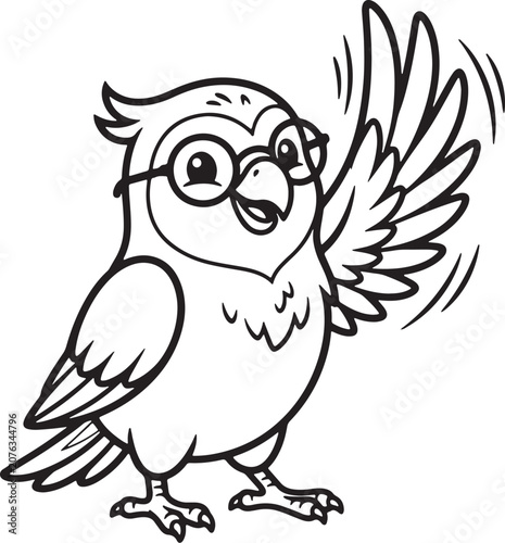 Cheerful smart bird character waving wing in greeting