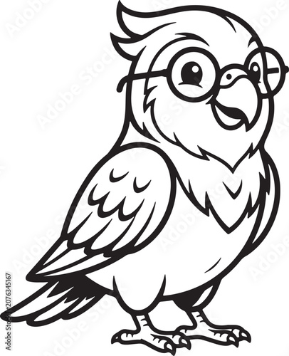 Cute parakeet mascot wearing round glasses line art