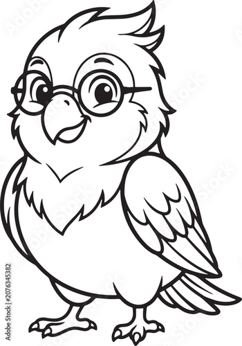 Adorable small bird character with glasses line art