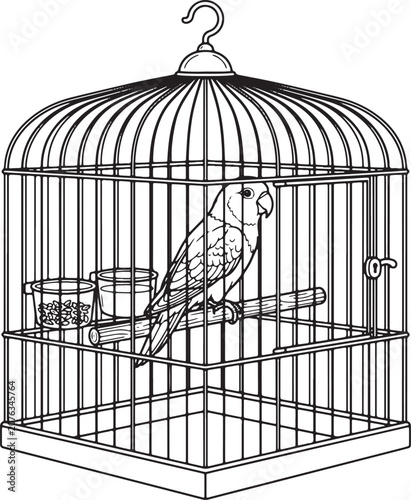 Small parakeet sitting in a wire cage line art