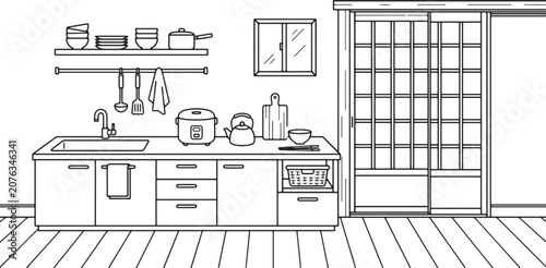 Japanese kitchen interior with shoji doors and rice cooker