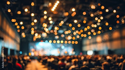 Blurry large audience in convention hall with stage lights and screen