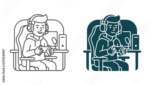 Bild auf Leinwand Gamer at Play: A young person sits engrossed in a video game, controller in hand, wearing headphones with a microphone, representing the modern hobby of gaming