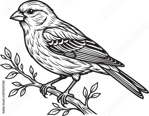 Detailed songbird profile perched on a twig