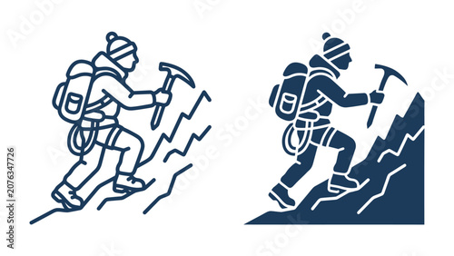 Cuadro en lienzo Alpine Ascent: Two stylized illustrations depict a mountaineer in full gear, equipped with an ice axe and backpack, confidently ascending a steep, rocky incline