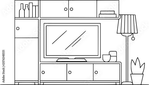 Fotografie A black and white line of a modern living room entertainment center with a telev