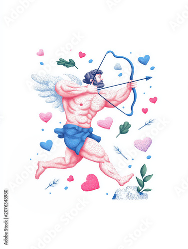 Illustrated Cupid with bow and arrow surrounded by hearts