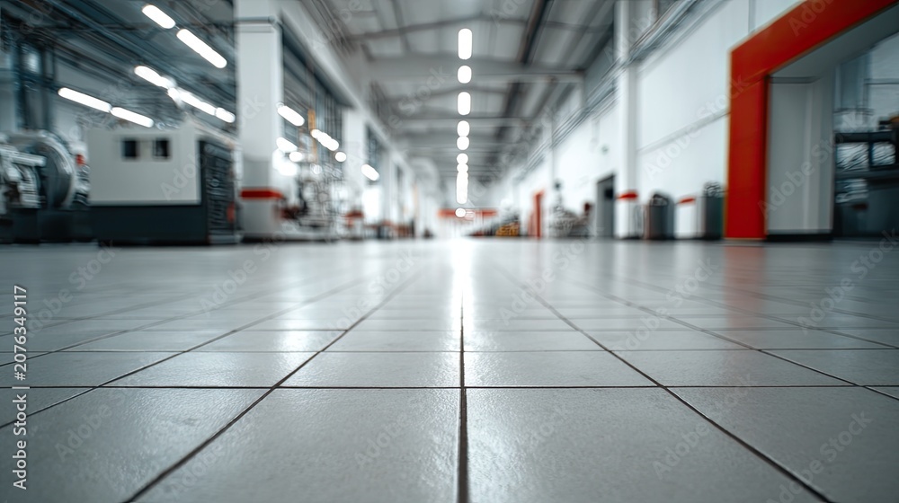 Fototapeta premium Industrial interior, a long, bright hall with tiled floor and machinery