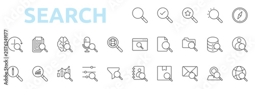 Search icon set outline style with find, lookup, discover, explore, browse, file, folder, database, user, contact icons