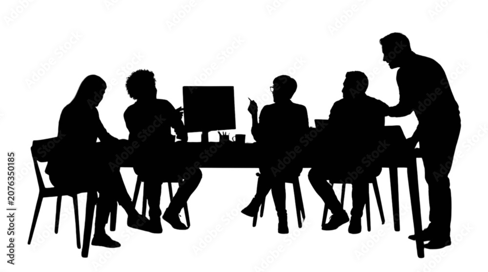 Fototapeta premium Team meeting around office table with laptops isolated on transparent background, Vector