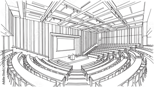 Lecture hall interior sketch with tiered seating and presentation stage in a hand drawn architectural line art