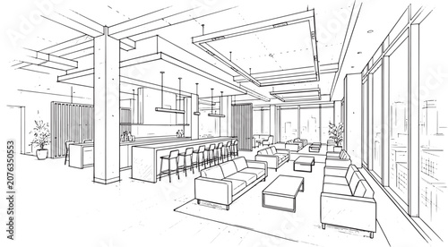 Modern office lounge interior sketch with sofas and bar counter in a hand drawn architectural line art style