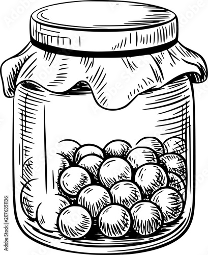 Fotografía A hand-drawn black and white of a glass jar filled with round marbles or small c