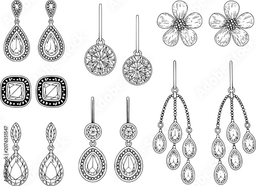 Schilderij op canvas A collection of various earring featuring gemstones and intricate metalwork in a