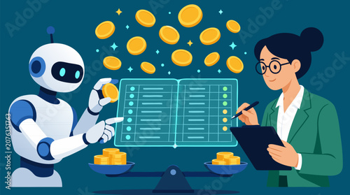 Clean flat vector illustration shows a robot and accountant reviewing a digital ledger with coins, useful for fintech automation and smart finance marketing.