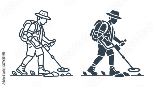 Foto Treasure Hunter Silhouette: A stylized silhouette of an adventurer equipped with a backpack and metal detector, actively searching for hidden treasures amidst rocky terrain