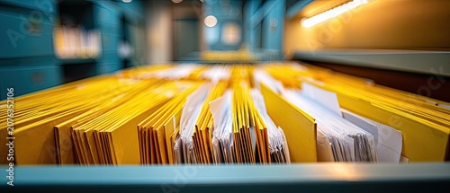 Rows of yellow file folders and documents in a filing cabinet
