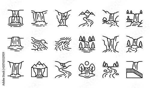 Professional Waterfall Vector Icon Collection Editable Stroke Nature Symbols for Mobile and Web