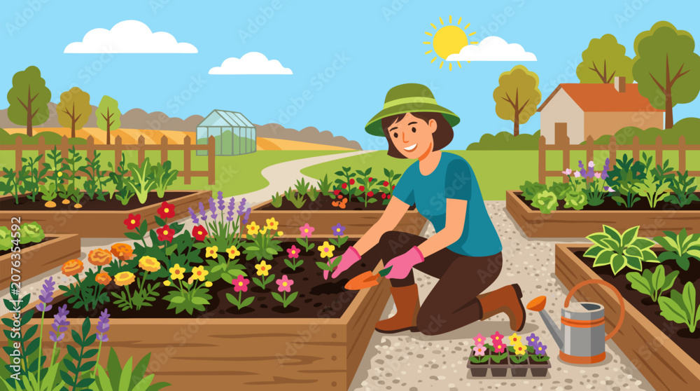 Fototapeta premium A clean flat vector illustration on a light background shows a gardener planting colorful flowers in raised beds, suited for spring gardening guides and community garden promotions.