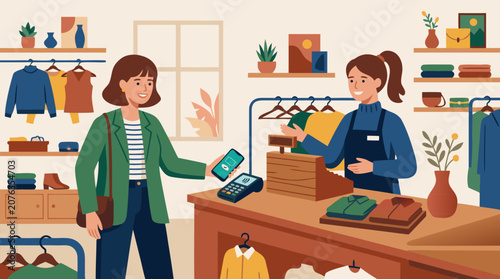 Clean flat vector illustration on a light background showing a clothing store checkout with contactless phone payment, ideal for retail commerce promotions.