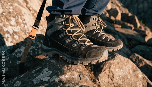 Rugged brown hiking boots with tan laces standing on sunlit rocks along a mountain trail, with a backpack strap visible, conveying outdoor adventure, travel, and durable footwear.