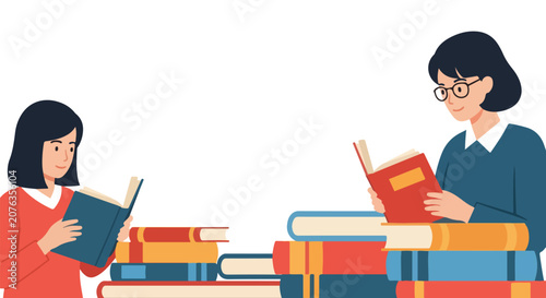 Foto A young girl and a woman are sitting together, deeply engrossed in reading their books amidst several colorful stacks of literature on a white background