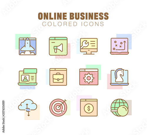 Online Business Colored Icons Collection with Digital Marketing, Strategy and Web Services