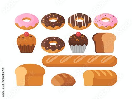 Assortment of baked goods: donuts, cupcakes, and various breads white background